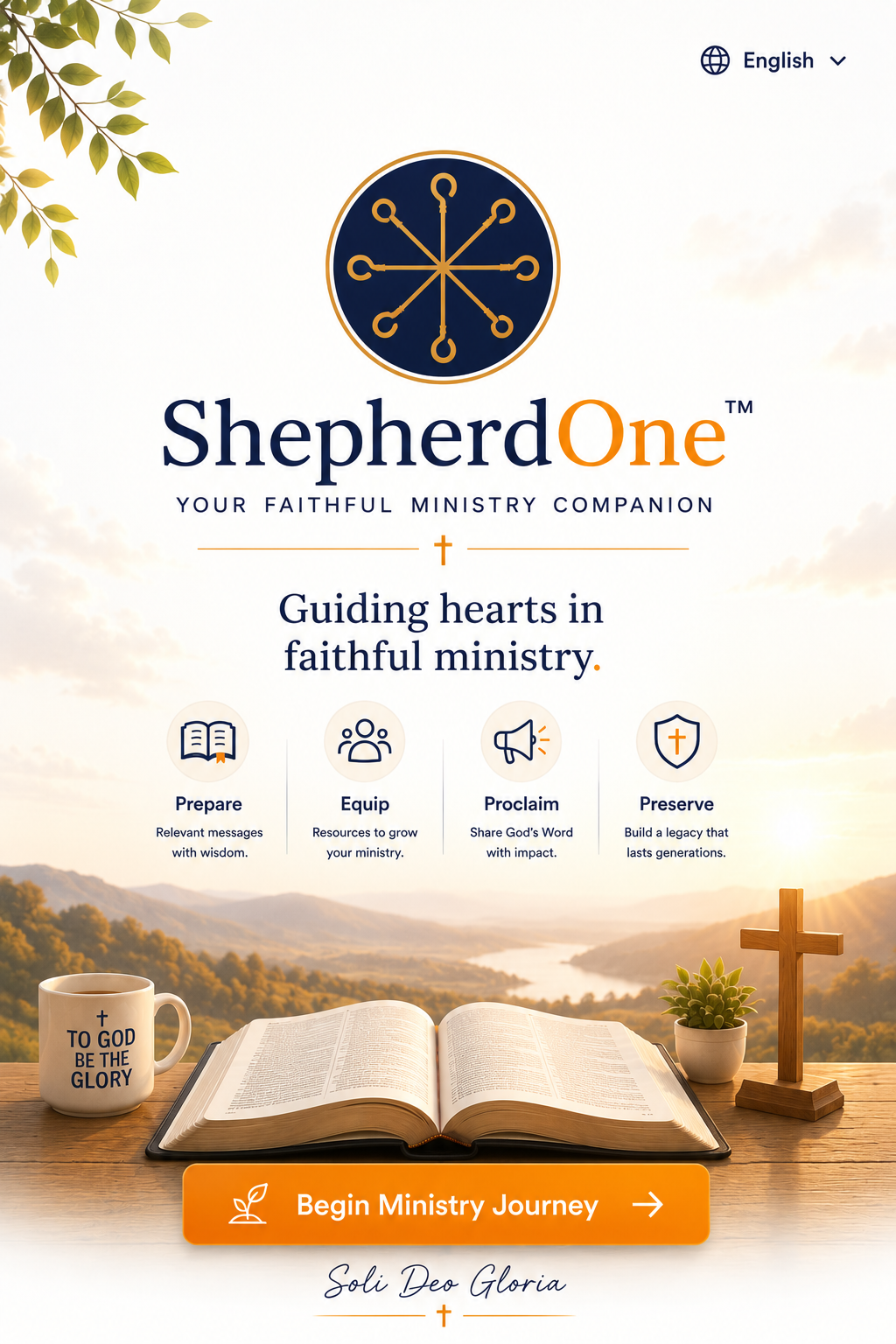 ShepherdOne — Your Faithful Ministry Companion. Guiding hearts in faithful ministry. Prepare, Equip, Proclaim, Preserve. Begin Ministry Journey. Soli Deo Gloria.